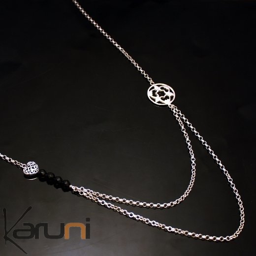 Collier sautoir argent 925 perles onyx coeur bijoux ethniques Bali Collier sautoir argent 925 perles onyx coeur bijoux ethniques Bali