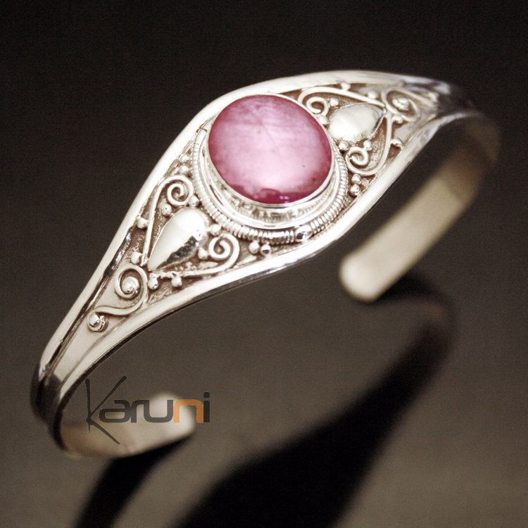 Bijoux Ethniques Indiens Bracelet en Argent Rubis Pierre Rose Népal Bijoux Ethniques Indiens Bracelet en Argent Rubis Pierre Rose Népal