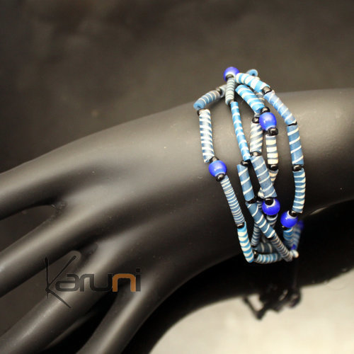 Bijoux Ethniques Africains Bracelets Multi-Rangs JOKKO en Plastique Recycl Perles Coup-Coup Bleu b