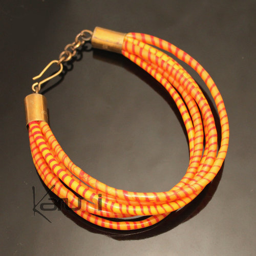 Bijoux Ethniques Africains Bracelets 6 Rangs JOKKO en Plastique Recycl Fermoir Bronze Rglable Orange