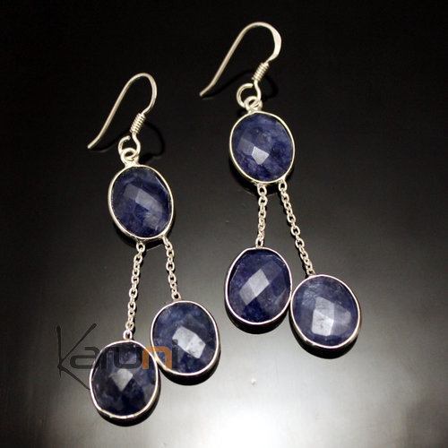 Bijoux Indiens Ethniques Boucles d'Oreilles en Argent 925 Pierres Fines 30 Gouttes Ovales Facettes Lapis-Lazuli