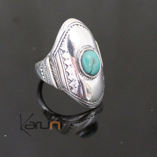 Bijoux Touareg Ethniques Bague en Argent Navette Grave 58 Pierre Turquoise