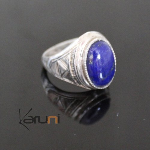 Bague en Argent Ovale Gravée 44 Pierre Lapis