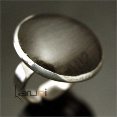 Bague en Argent 925 et ébène 037 Homme/Femme Ronde Plate Lisse Inspiration Karuni