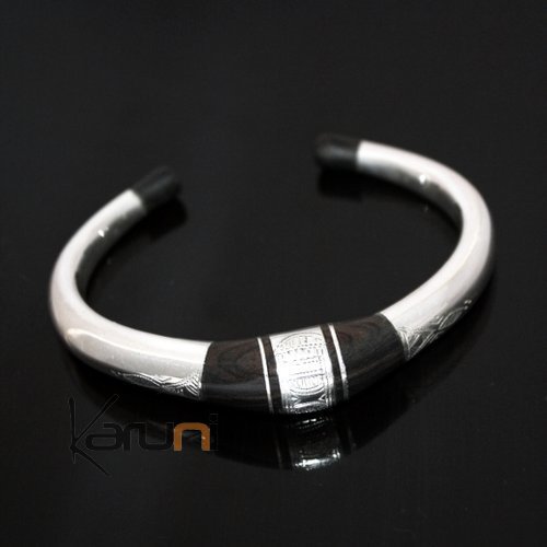 Bijoux Ethniques Touareg Bracelet en argent et bois d'ébène Jonc rond gravé 01