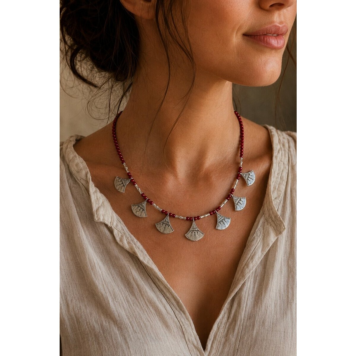 Collier Shat Shat Touareg � Argent 925 & Perles Rouges Fait Main