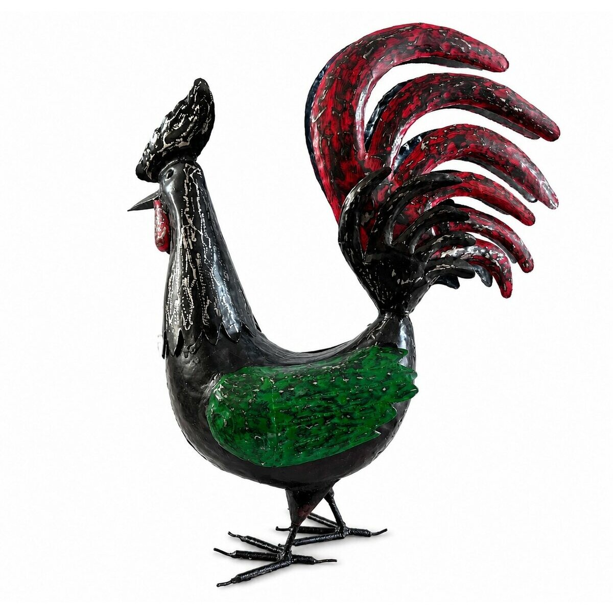 Grand Coq M&eacute;tal Recycl&eacute; Fait Main � Sculpture Artisanale Madagascar, D&eacute;co Rustique Color&eacute;e