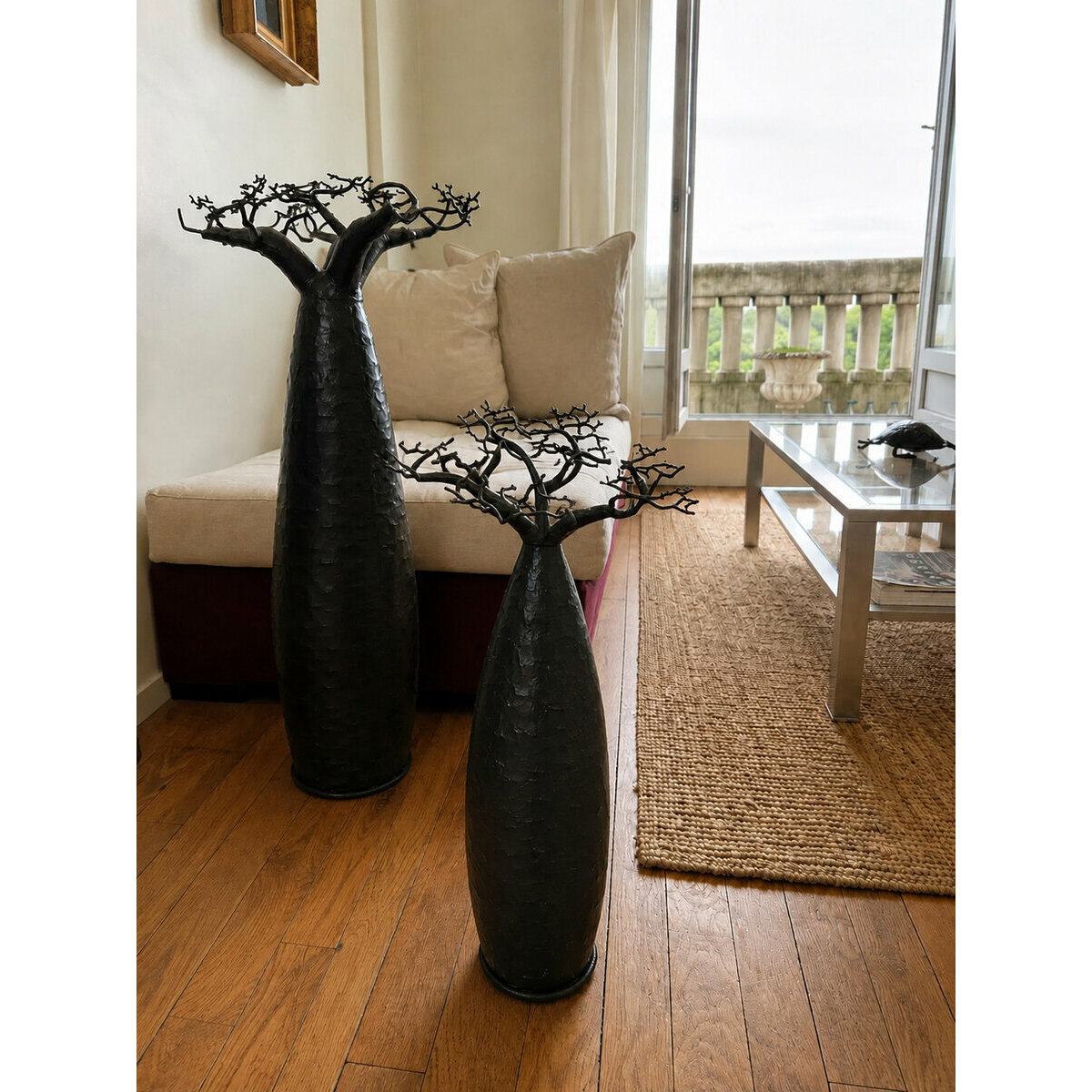 Arbre Baobab Noir en M&eacute;tal Recycl&eacute; � Sculpture Artisanale D&eacute;corative 50 cm