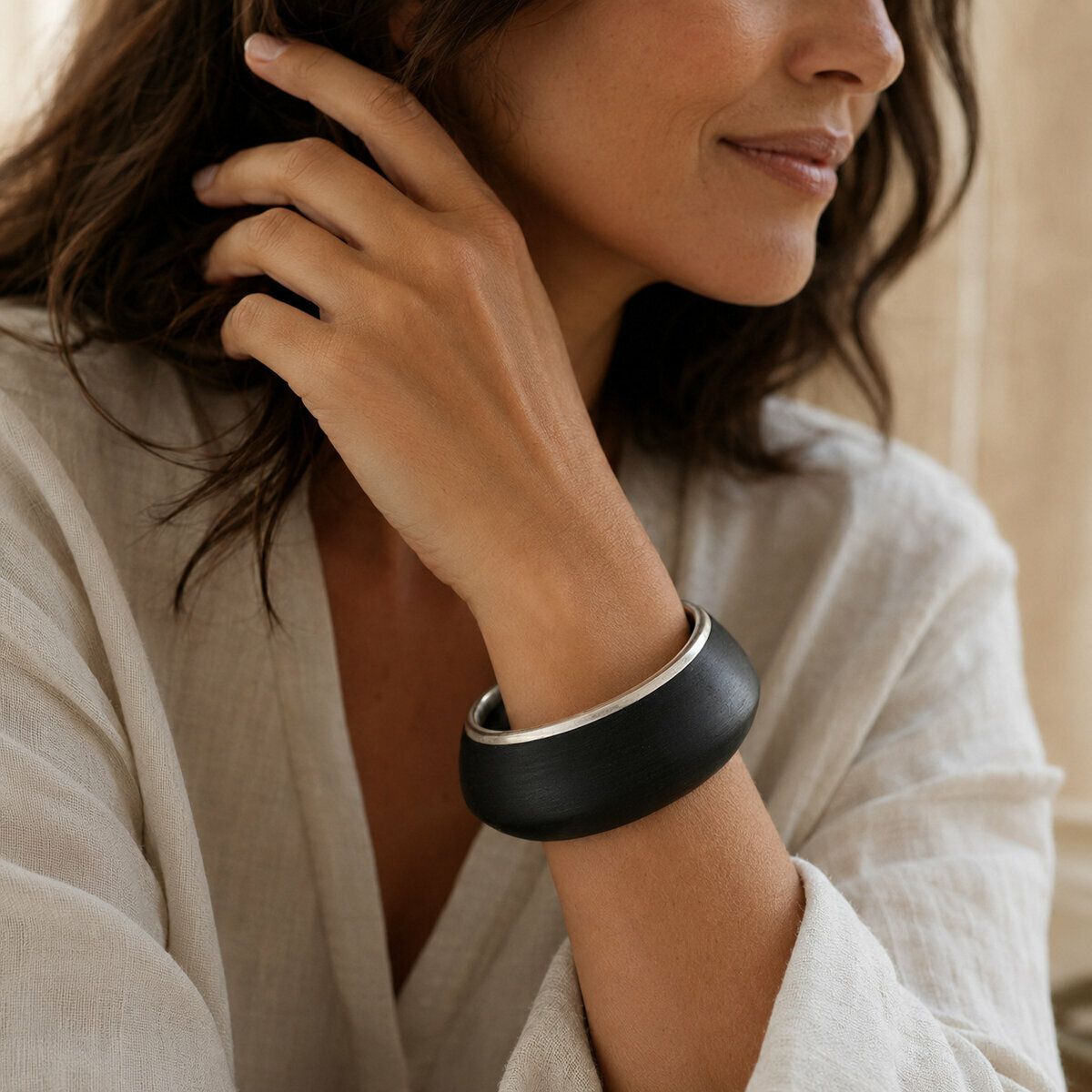 Bracelet Jonc &Eacute;b&egrave;ne & Argent Massif 925 � Design Noir Sculptural