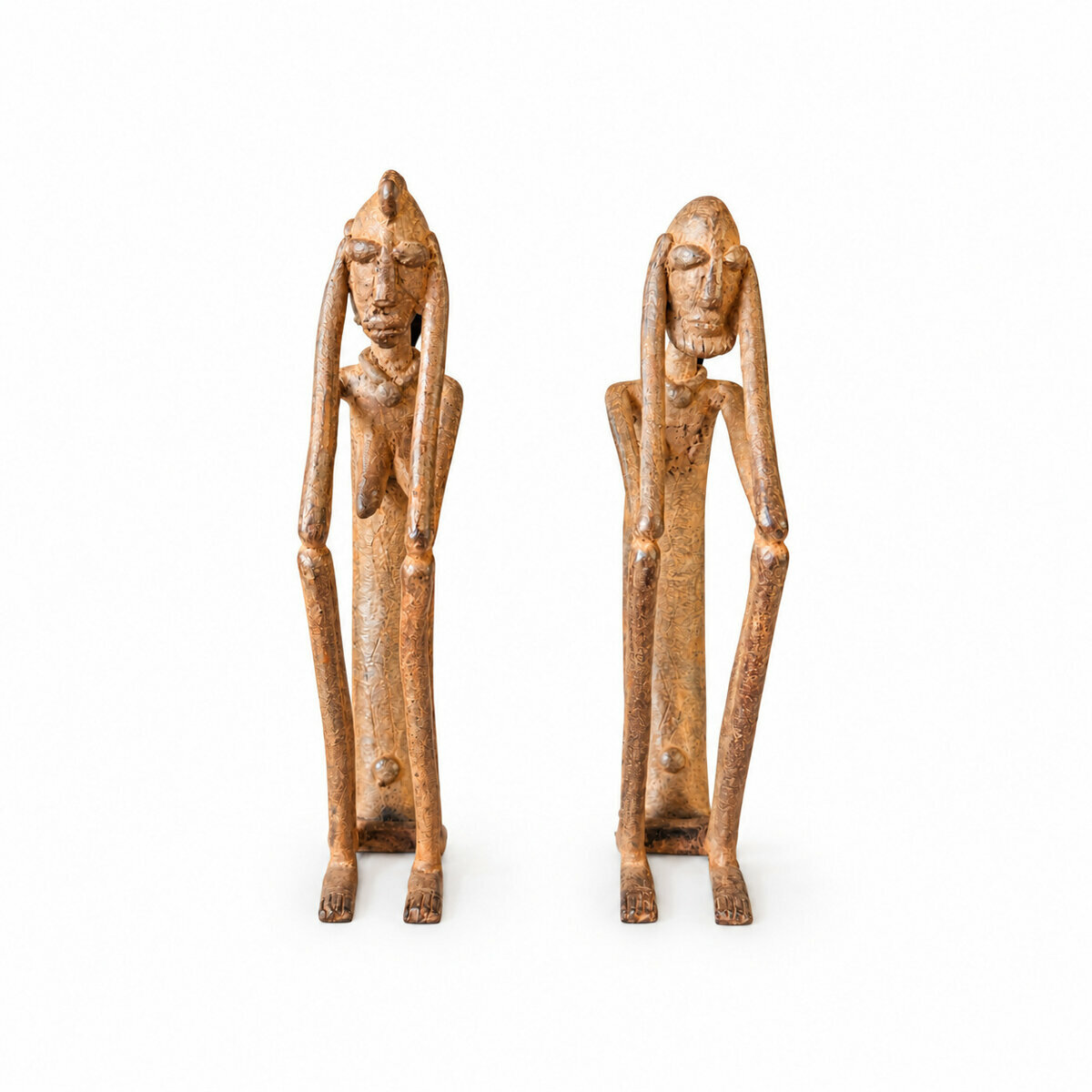 Couple Dogon en laiton patine bronze � Deux statuettes assises, 18 cm