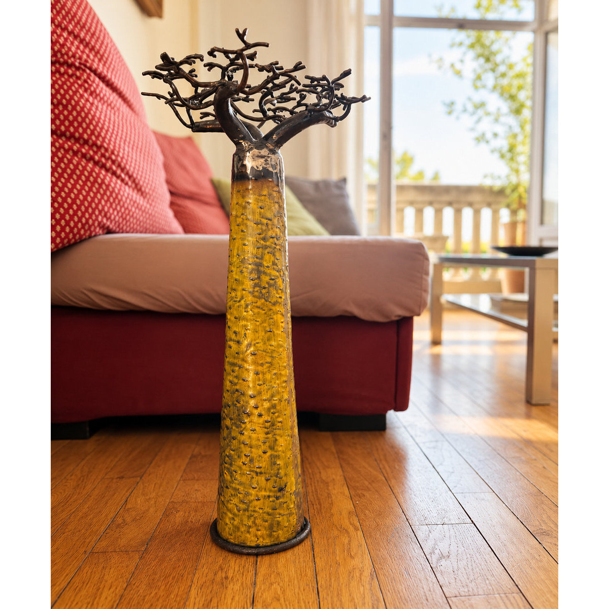 Baobab jaune en m&eacute;tal recycl&eacute; � Sculpture &agrave; poser 60 cm