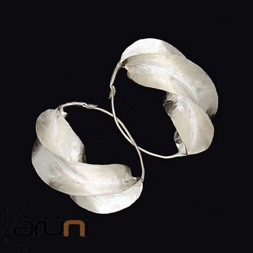 Boucles d'Oreilles Créoles Peul Fulani Mali 11P bain argent 5 cm Feuille KARUNI