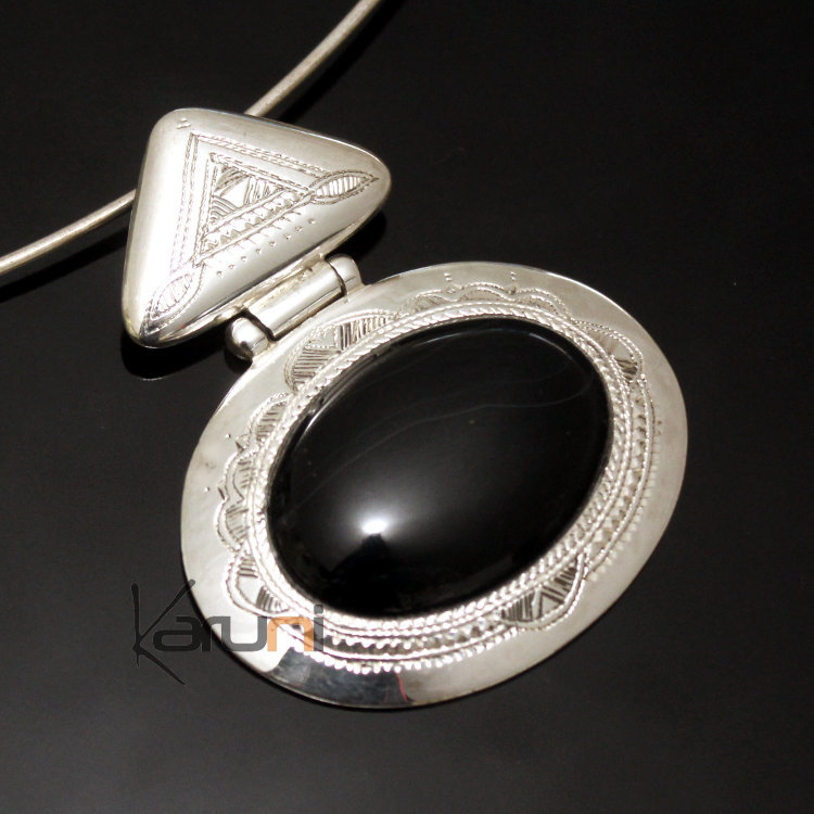 Collier Pendentif en Argent et Pierre Onyx Noir 08 Ovale