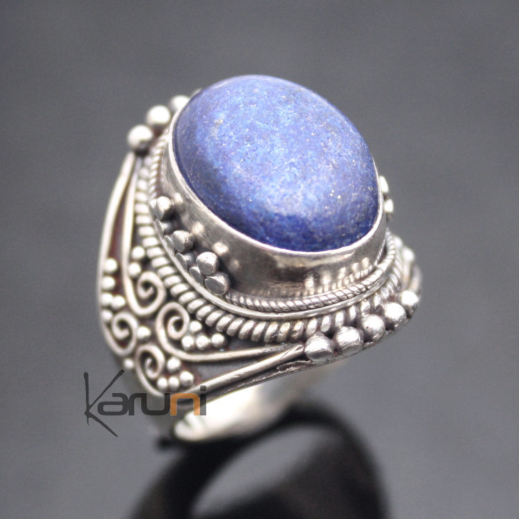 Nepal Bague en Argent Massif 925 Nepal 32 Chevalière Lapis-Lazuli Filigranes