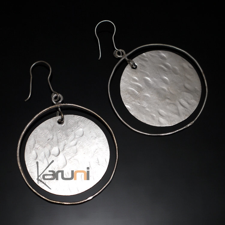 Boucles d'Oreilles Peul Fulani Mali 108PM bain Argent Pendants Ronds Cercle Martelées