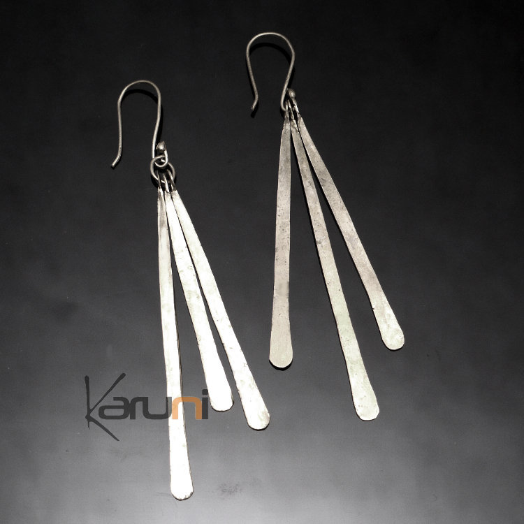 Boucles d'Oreilles Peul Fulani Mali 116P Plaqué Argent 3 Tiges