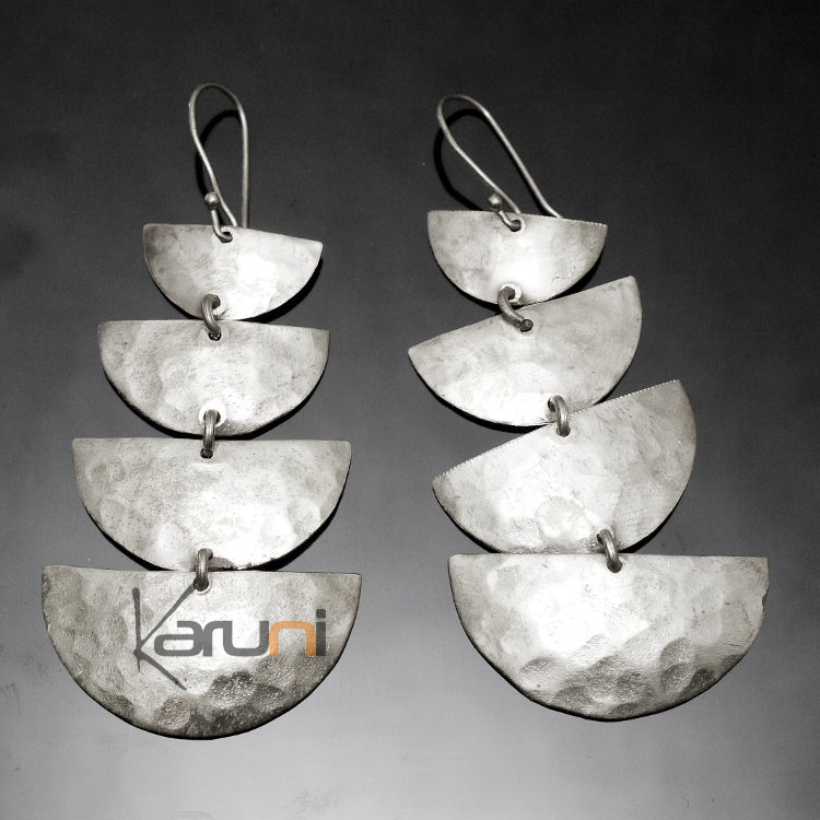 Boucles d'Oreilles Peul Fulani Mali 114PM Bain Argent 4 Lunes Martelées