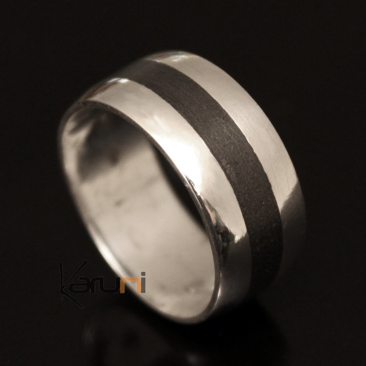 Bague Anneau Alliance en Argent Homme/Femme Bande Ebène Bombé 04  - KARUNI