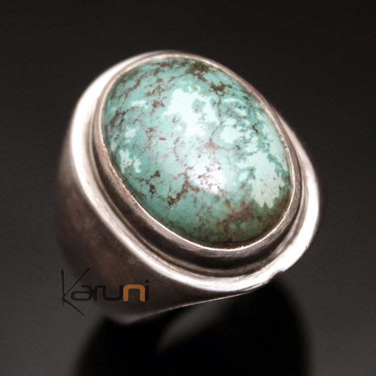 Bague en Argent Massif 925 Nepal 65 Chevalière Turquoise Homme-Femme