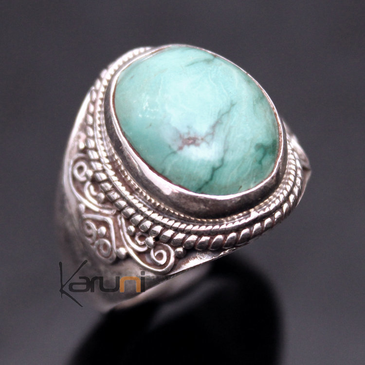 Bague en Argent Massif 925 Nepal 35 Chevalière Homme/Femme Turquoise Filigranes