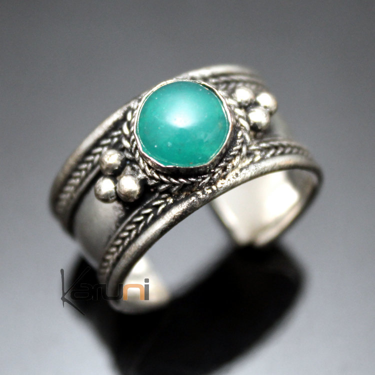 Bague Anneau en Plaqué Argent Pierre Agate Verte Homme/Femme Réglable  Newar