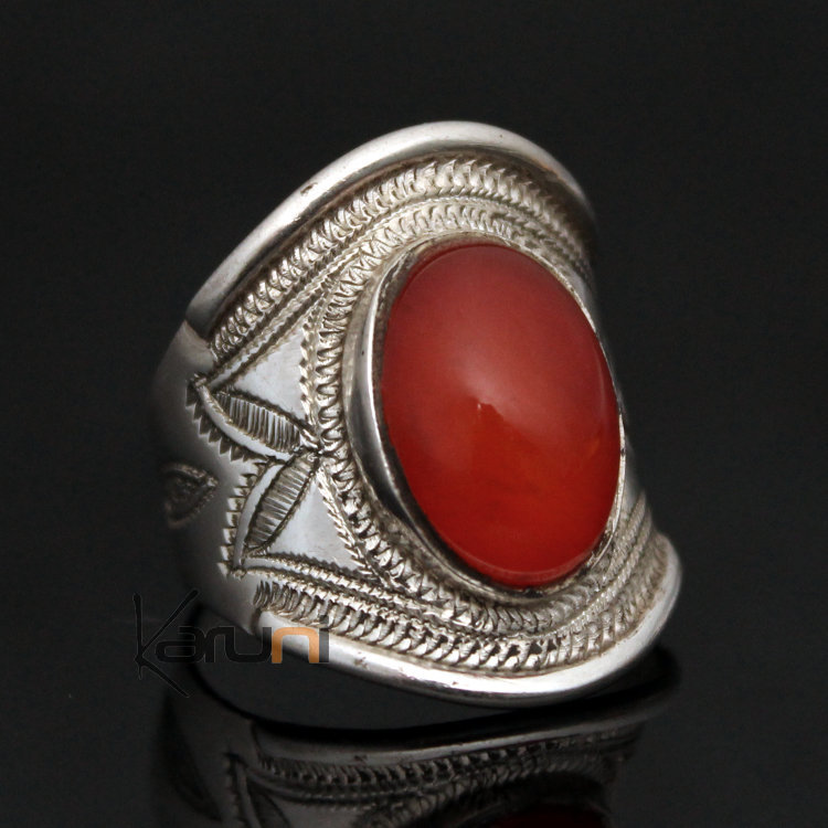 Bague en Argent Bandeau Gravé Homme/Femme 27 Pierre Agate Rouge