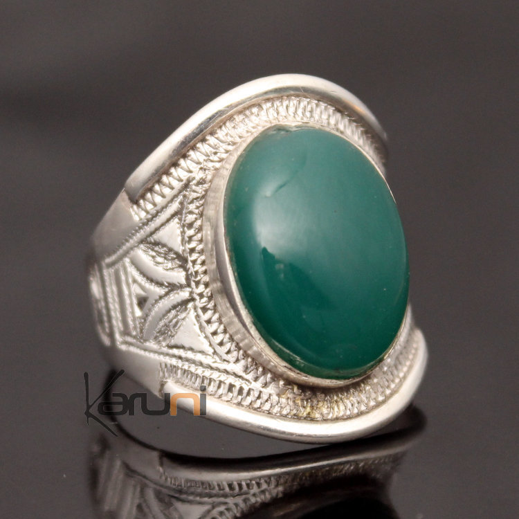 Bague en Argent Bandeau Gravé Homme/Femme 27 Pierre Agate Verte