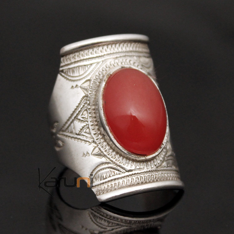 Bijoux Touareg Ethniques Bague Chevaliere en Argent Gravee homme femme 40 Agate Rouge