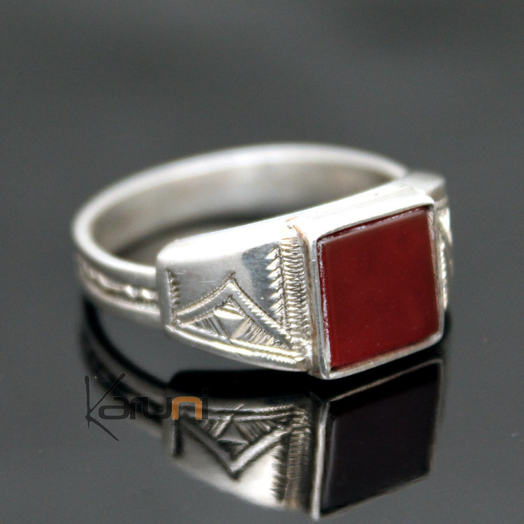 Bague en Argent et Agate Rouge 11 Chevalière Carrée