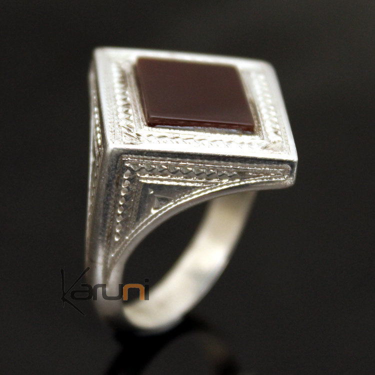 Bague en Argent et Agate Rouge 36 Chevalière Cube Homme/Femme