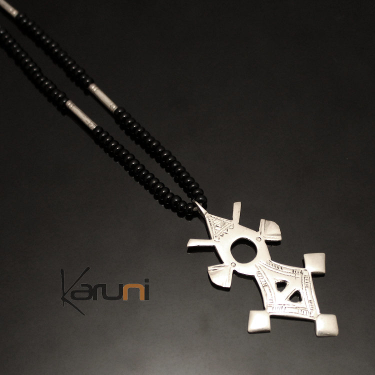 Collier en Argent Croix du Niger Perles d'Onyx Noir 11 Tahouha