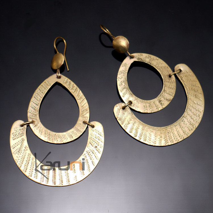 Boucles d'Oreilles Peul Fulani Mali 118T Bronze Doré Pendant Double Goutte Creuse Gravée