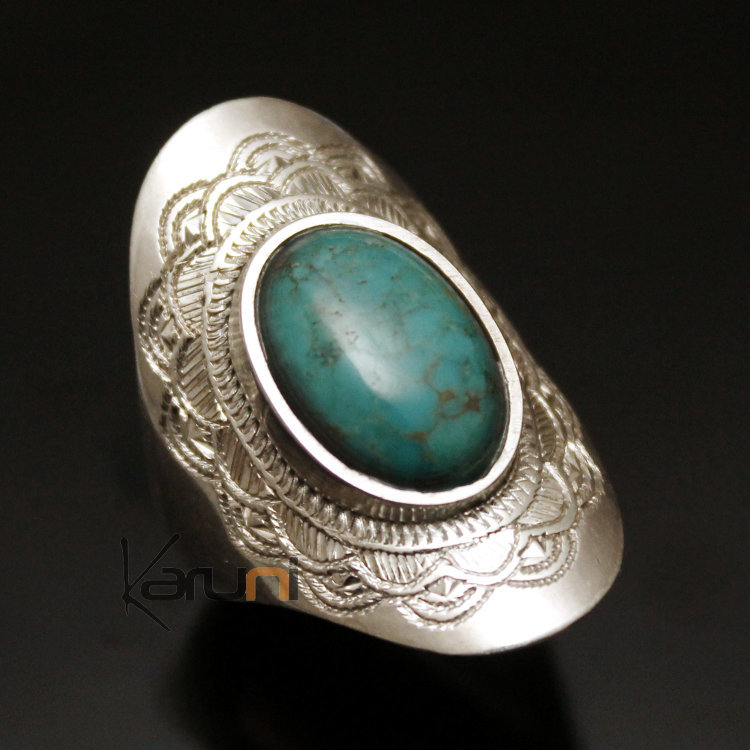 Bague en Argent Navette Gravée 50 Pierre Turquoise