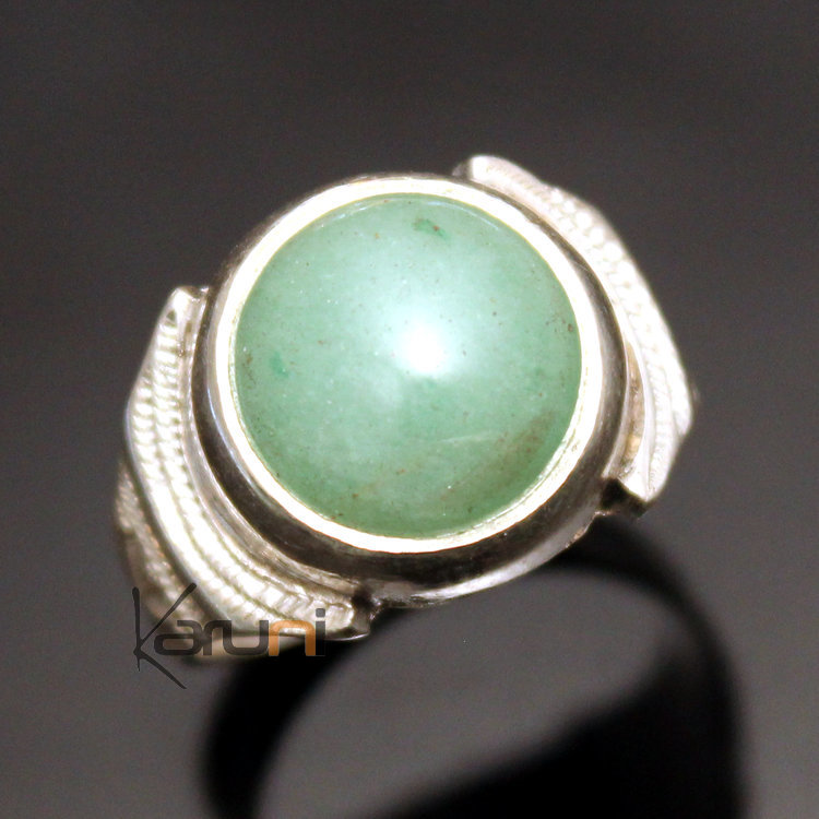 Bijoux Touareg Ethniques Bague en Argent Homme Femme Chevaliere Ronde 51 Jade Vert