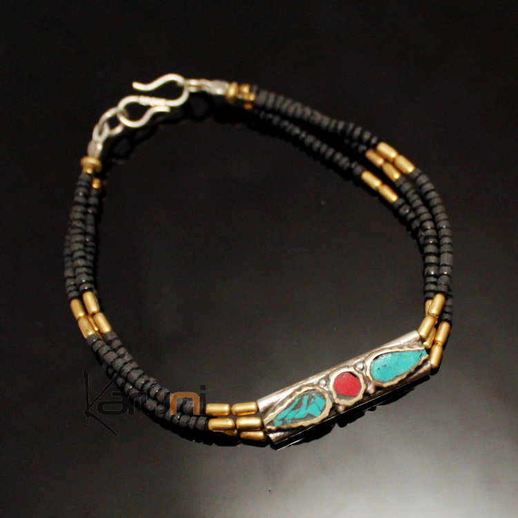 Bracelet en Plaqué Argent Large 3 Rangs Perles Fines  04 Noir Turquoise Racine de Corail