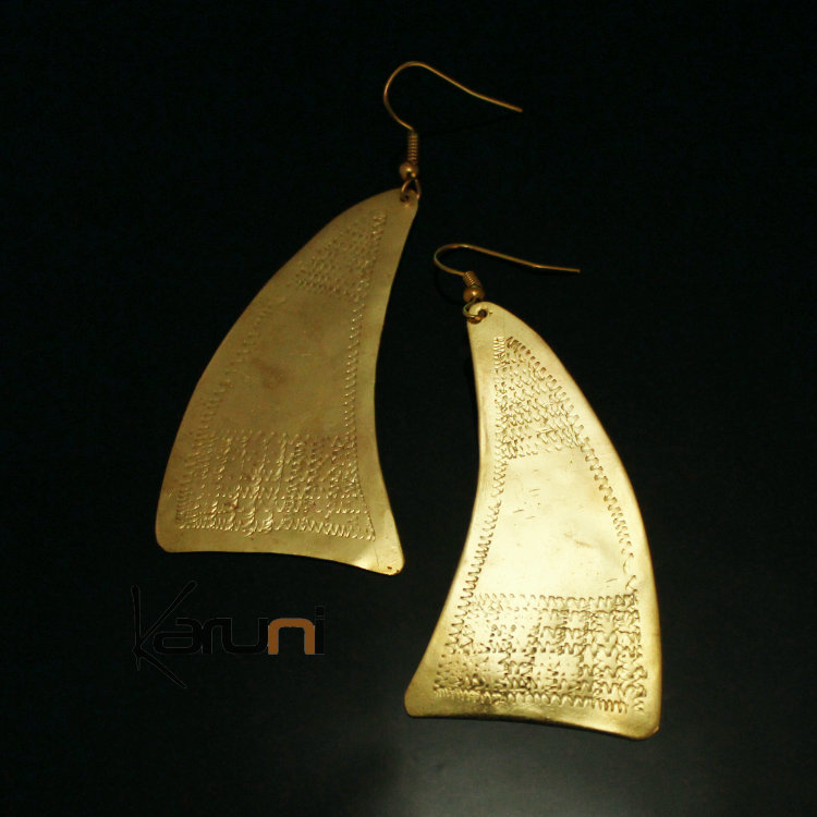 Bijoux Ethniques Africains Boucles d'Oreilles Peul Fulani Mali 126T Bronze Doré Triangle Vague Gravé