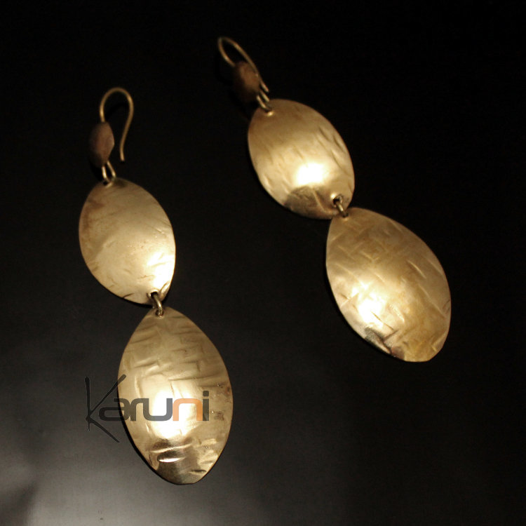 Boucles d'Oreilles Peul Fulani Mali 117M Bronze Doré Pendant Deux Feuilles Martelées
