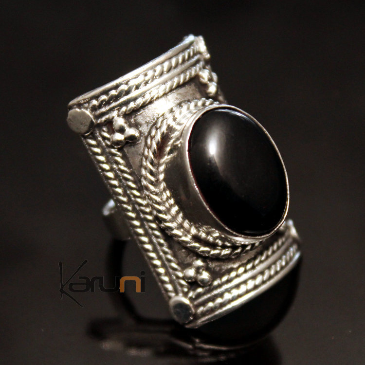 Bijoux Ethniques Indiens Népal Bague Onyx Noir Népalais Plaqué Argent Tsering 01