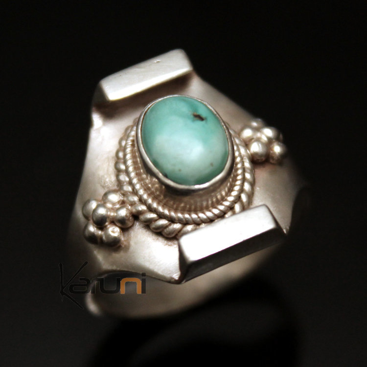 Bague en Argent Massif 925 Inde 12 Chevalière Turquoise Filigranes