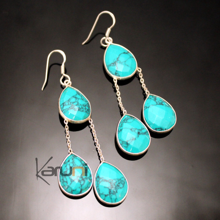 Boucles d'Oreilles en Argent 925 Pierres Fines 27 Gouttes Facettes Howlite Turquoise