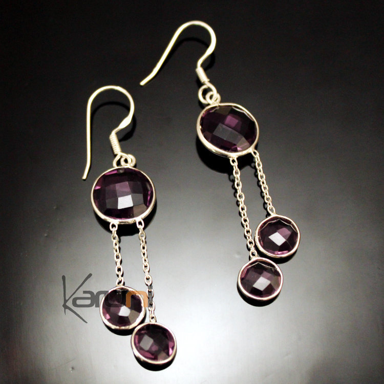Boucles d'Oreilles en Argent 925 Pierres Fines 33 Gouttes Rondes Facettes Améthyste Violet