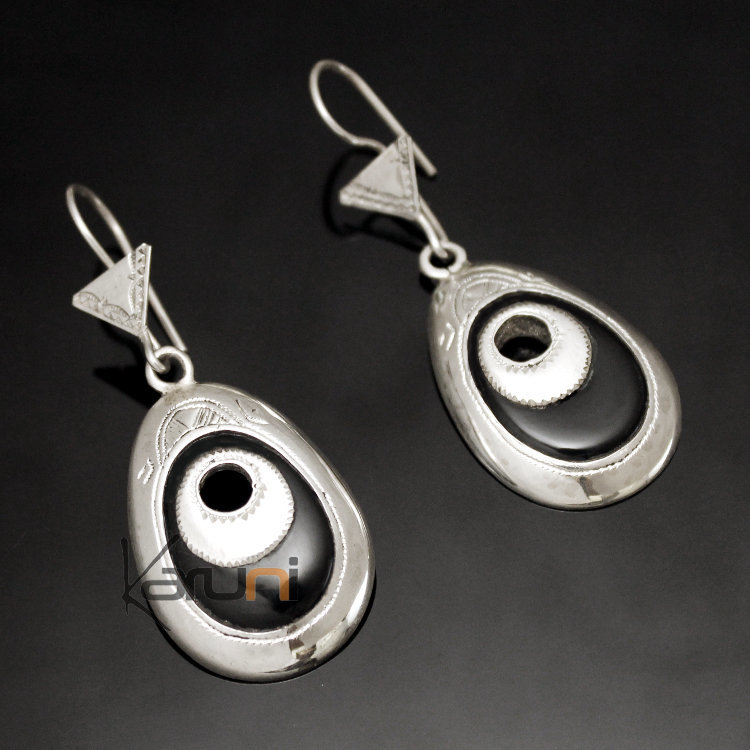 Boucles d'Oreilles en Argent et Pierre 28 Grandes Gouttes Onyx Noir Gravées Oeuf