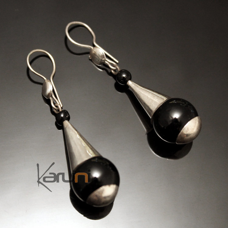 Boucles d'Oreilles en Argent et Pierre 62 Gouttes Longues Perles Onyx Noir