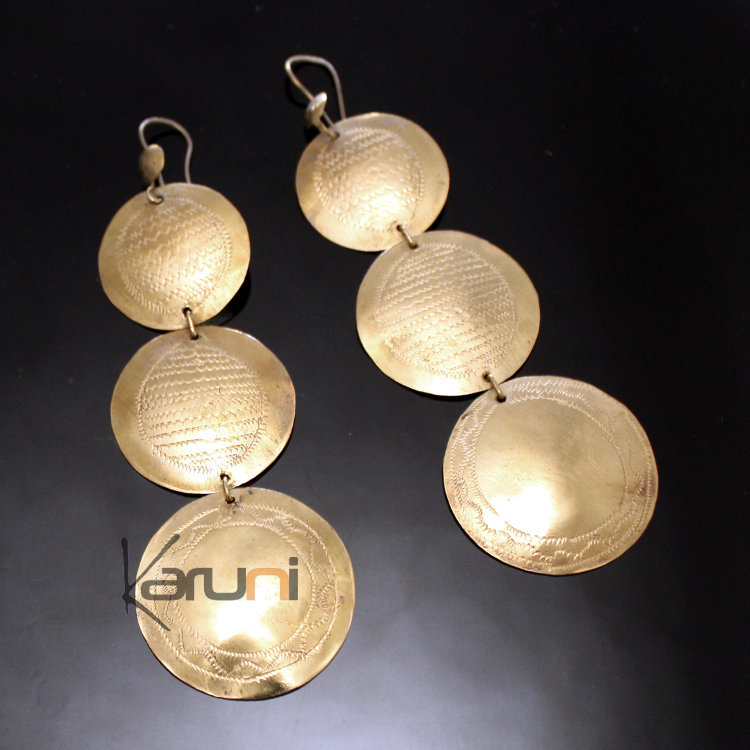 Boucles d'Oreilles Peul Fulani Mali 145T Bronze Doré Pendants 3 Ronds Gravés
