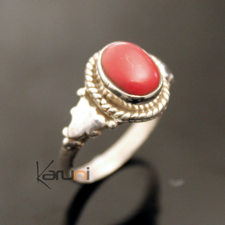 Bague en Argent Massif 925 Inde 08 Fine Feuille Racine de Corail Rouge