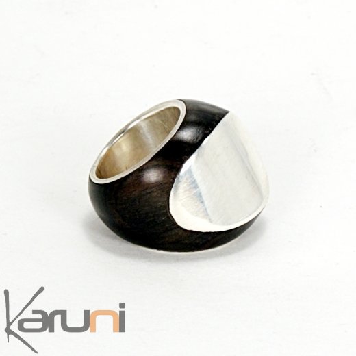 Bijoux Touareg Ethniques Bague Argent en Bois Ebène Pétale 01 - KARUNI