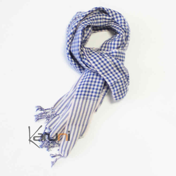 Krama Cheche Foulard Echarpe Coton Homme Femme Cambodge Syrana Blanc Bleu 160x55 Cm