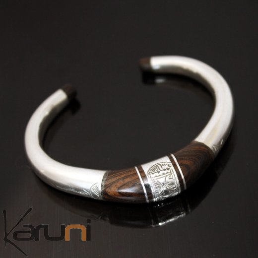 Bijoux Ethniques Touareg Bracelet en argent et bois d'ébène Jonc rond gravé 02