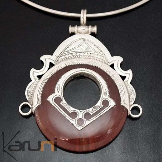Collier Pendentif en Argent et Pierre Agate Rouge 30 Grand Rond Tête de Déesse