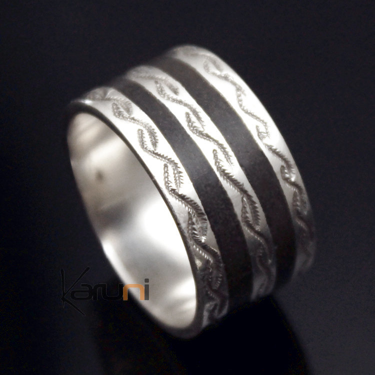 Bague Anneau Alliance en Argent homme/femme ébène 3 lignes gravée inspiration Karuni